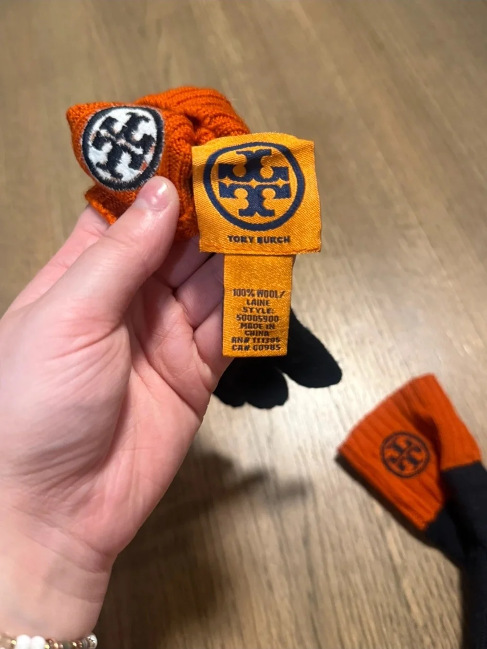 Tory Burch Black Wool Gloves with Orange Ribbed Cuffs